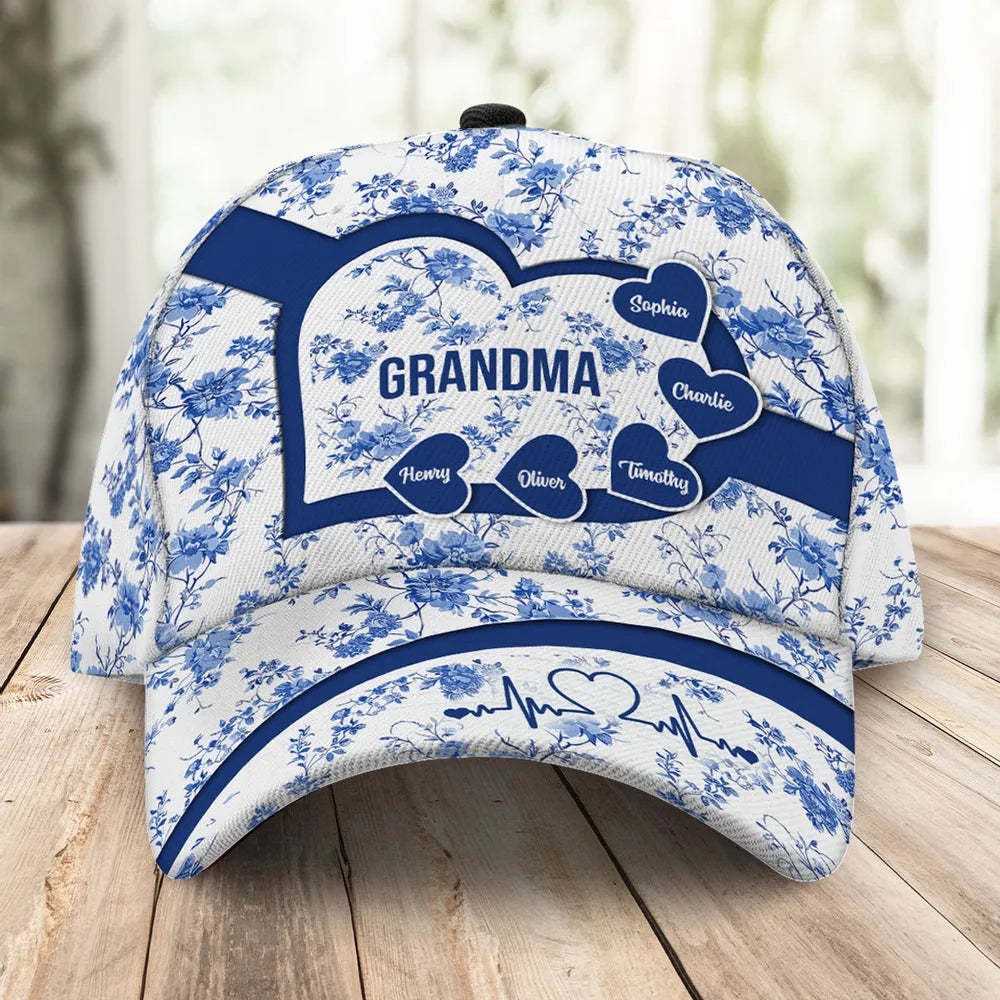 Grandma Mom Blue Heart Floral Chinoiserie Patterned - Personalized Classic Cap - Gift For Mom, Grandma, Mother's Day, Birthday Gift