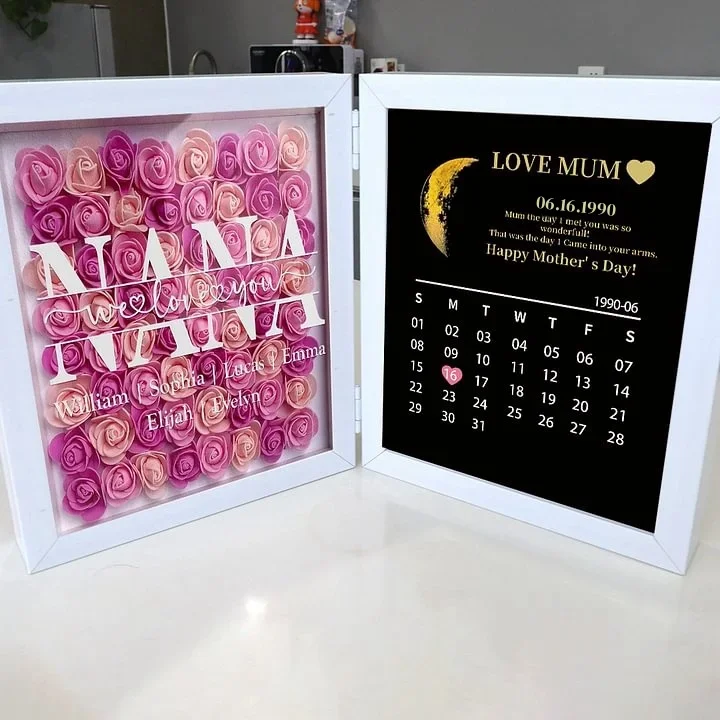 Mom We Love You With REAL MOON PHASE Anniversary Calendar - Personalized Flower Shadow Box