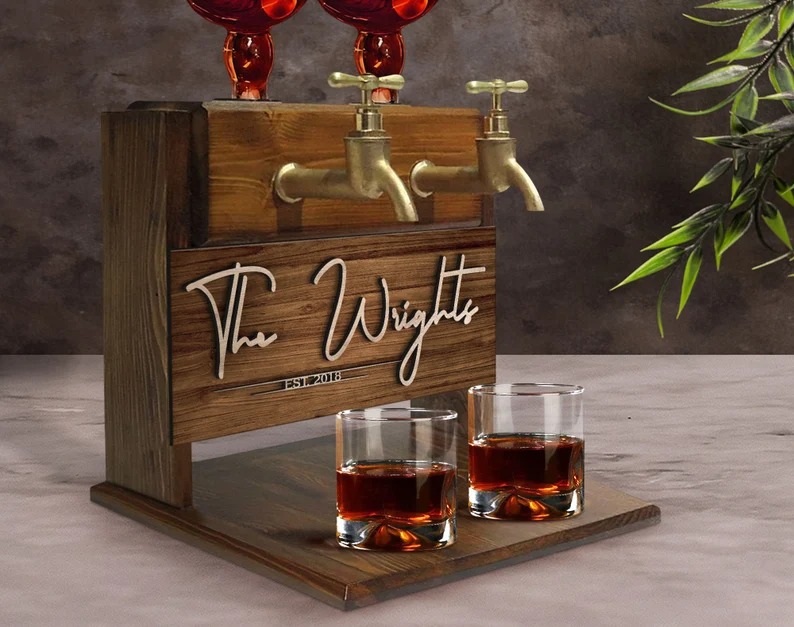 Personalized Embossed Family Name Wooden Double Faucet Whiskey Dispenser, Home Bar, Bar Decor, Wine, Vodka, Alcoholic Drink Fountain-Creatgifts