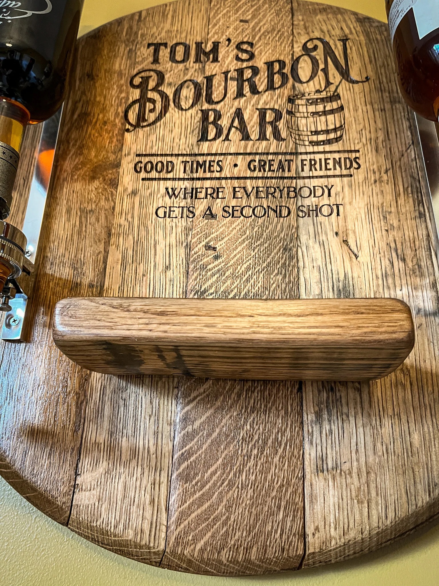 Wall-Mounted Liquor Dispenser from Bourbon/Whiskey /lrish/rum Barrel Lid
