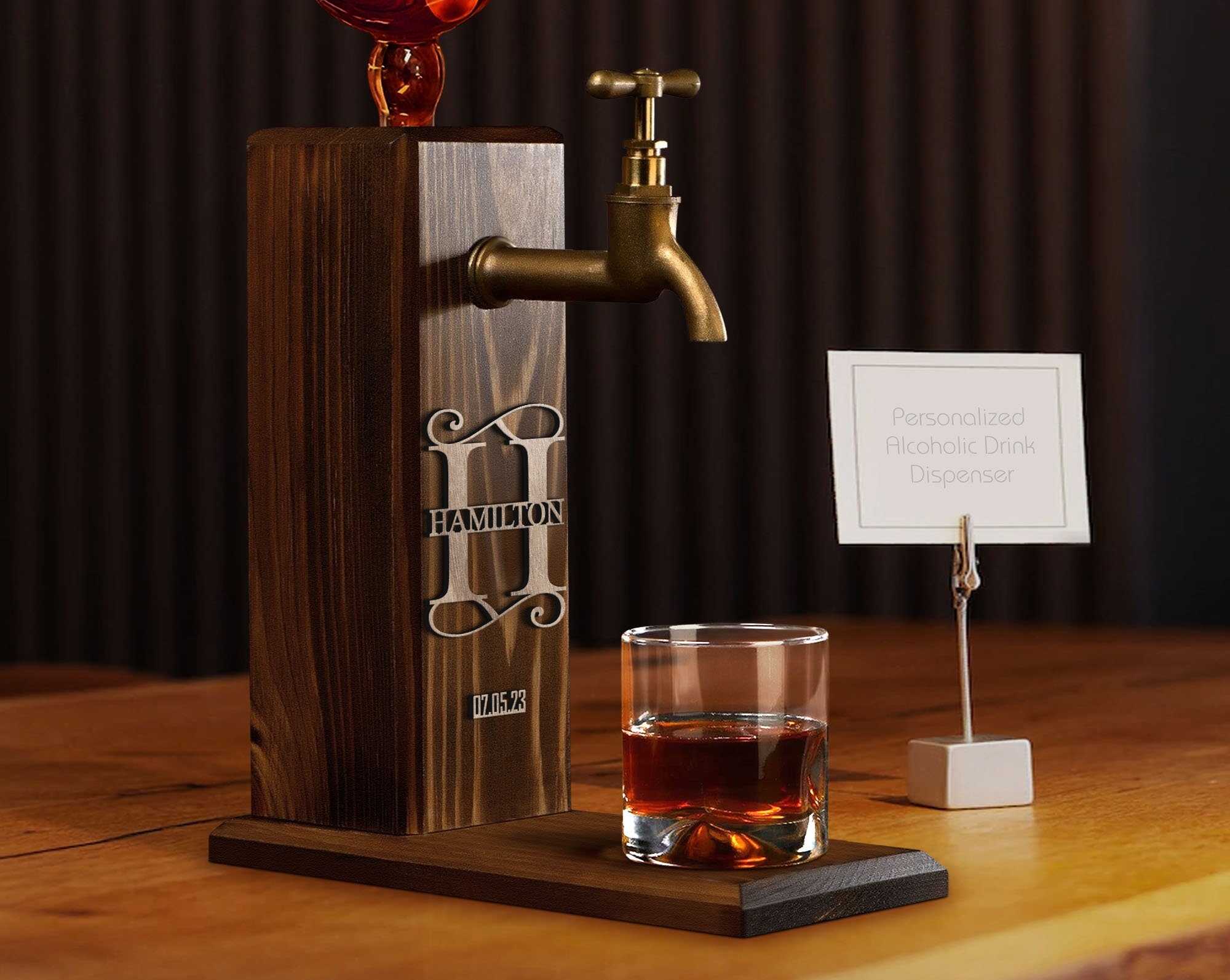 Personalized Embossed Name Wooden Whiskey Dispenser, Wood Dispenser, Alcohol Dispenser, Whiskey Fountain, Beverage Dispenser, Gift for Him-Creatgifts