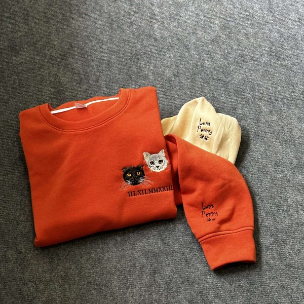 Custom Cat Portrait Embroidered Sweatshirt, Pet Portrait Embroidered Sweatshirt