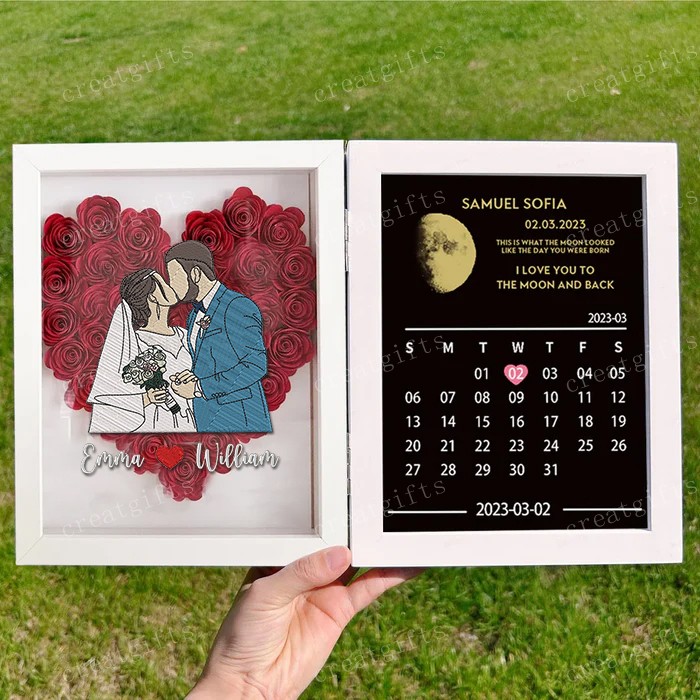 Custom Different Styles Couple Portrait Heart Shape Flower Shadow Box With Moon Phase Frame