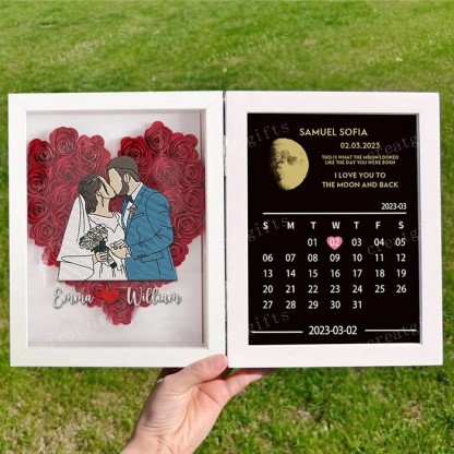Custom Different Styles Couple Portrait Heart Shape Flower Shadow Box With Moon Phase Frame