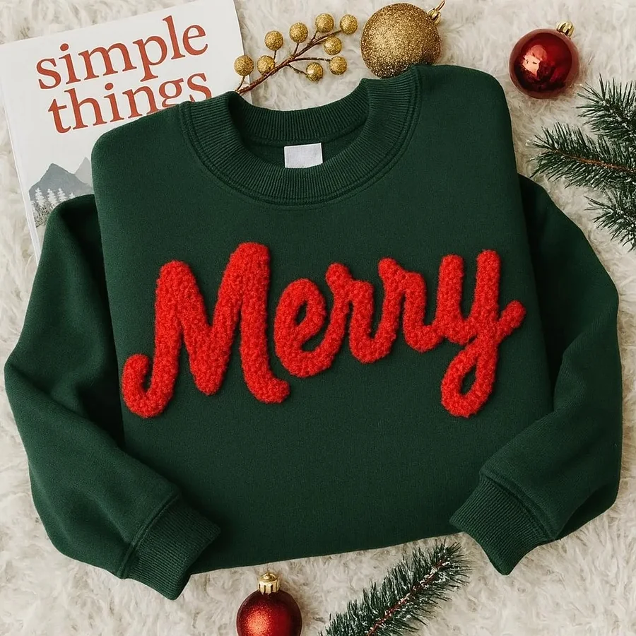 Custom Chenille Yarn Embroidered Merry Sweatshirt