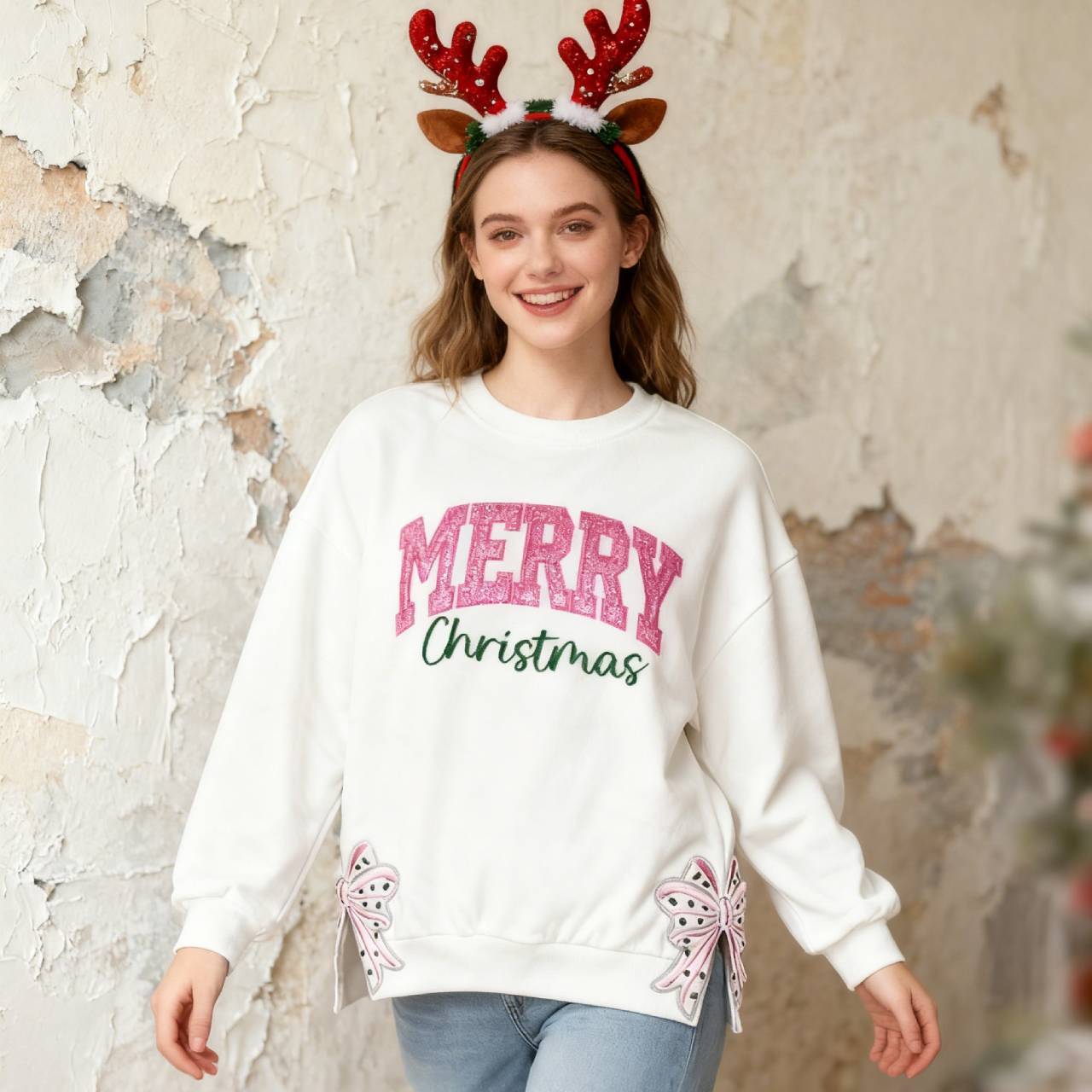 Custom Merry Christmas Glitter Sweatshirt with Bow, Holiday Outfit for Women