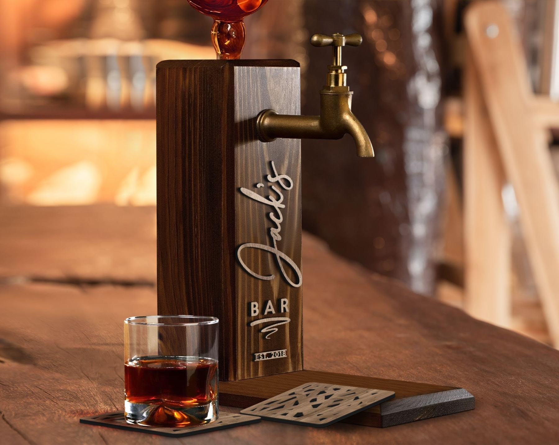 Personalized Embossed Named Wooden Whiskey Dispenser and Wood Coasters Set, Bar, Pub, Wine, Vodka, Liquor Dispenser, Wood Whiskey Fountain-Creatgifts