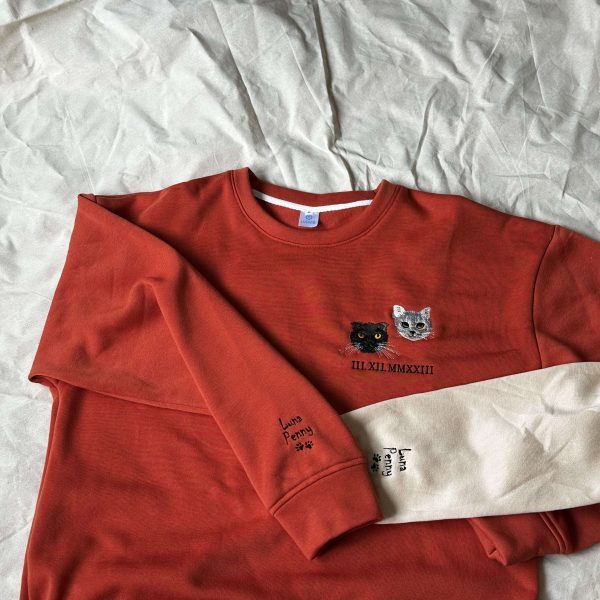 Custom Cat Portrait Embroidered Sweatshirt, Pet Portrait Embroidered Sweatshirt