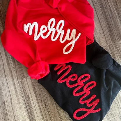 Custom Chenille Yarn Embroidered Merry Sweatshirt