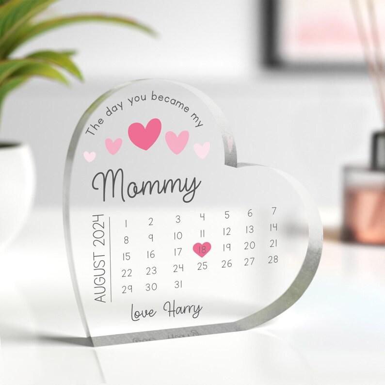 Personalised Day You Became My Mommy Date Acrylic Heart Shape, Mother's Day, Birthday, New Mom Gift-Creatgifts