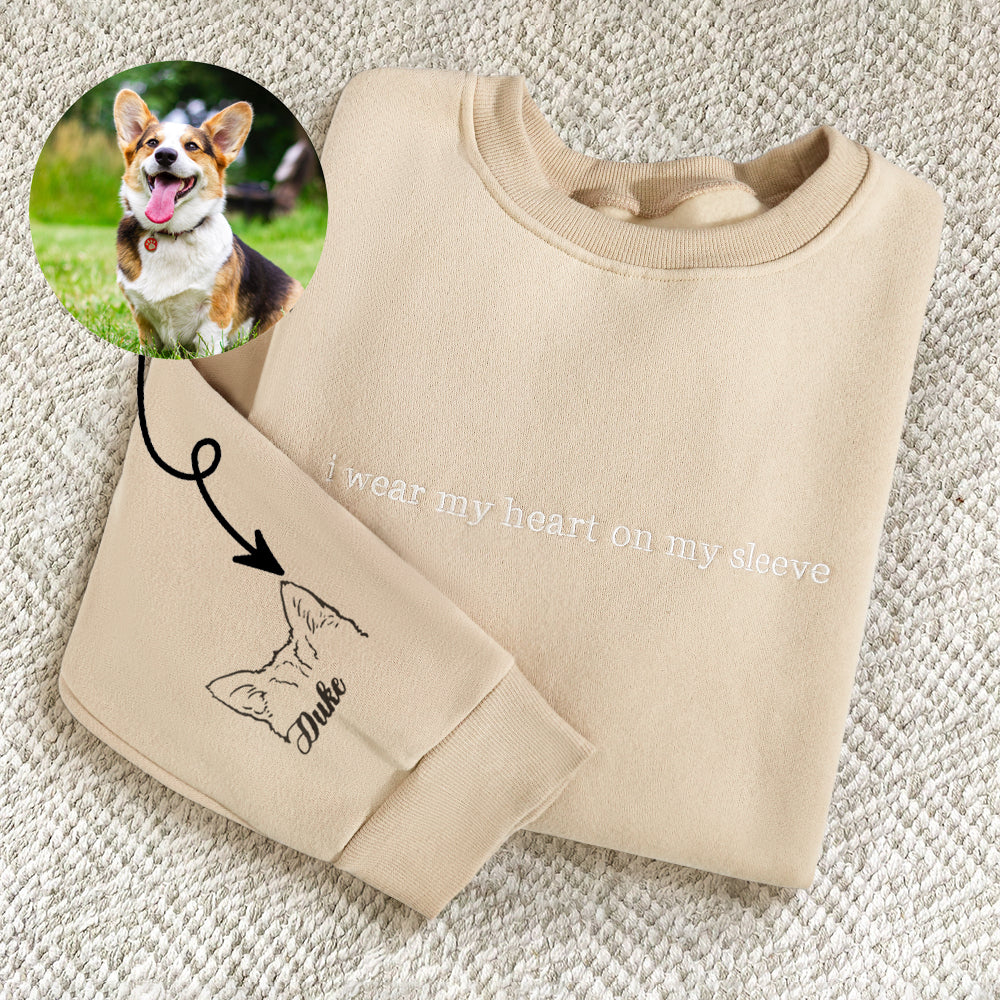 🔥Hot Sale🔥Personalized Heart On My Sleeve Embroidered Crewneck With Dog Cat Ears Any Pet Ears Gift For Pet Lover-Creatgifts