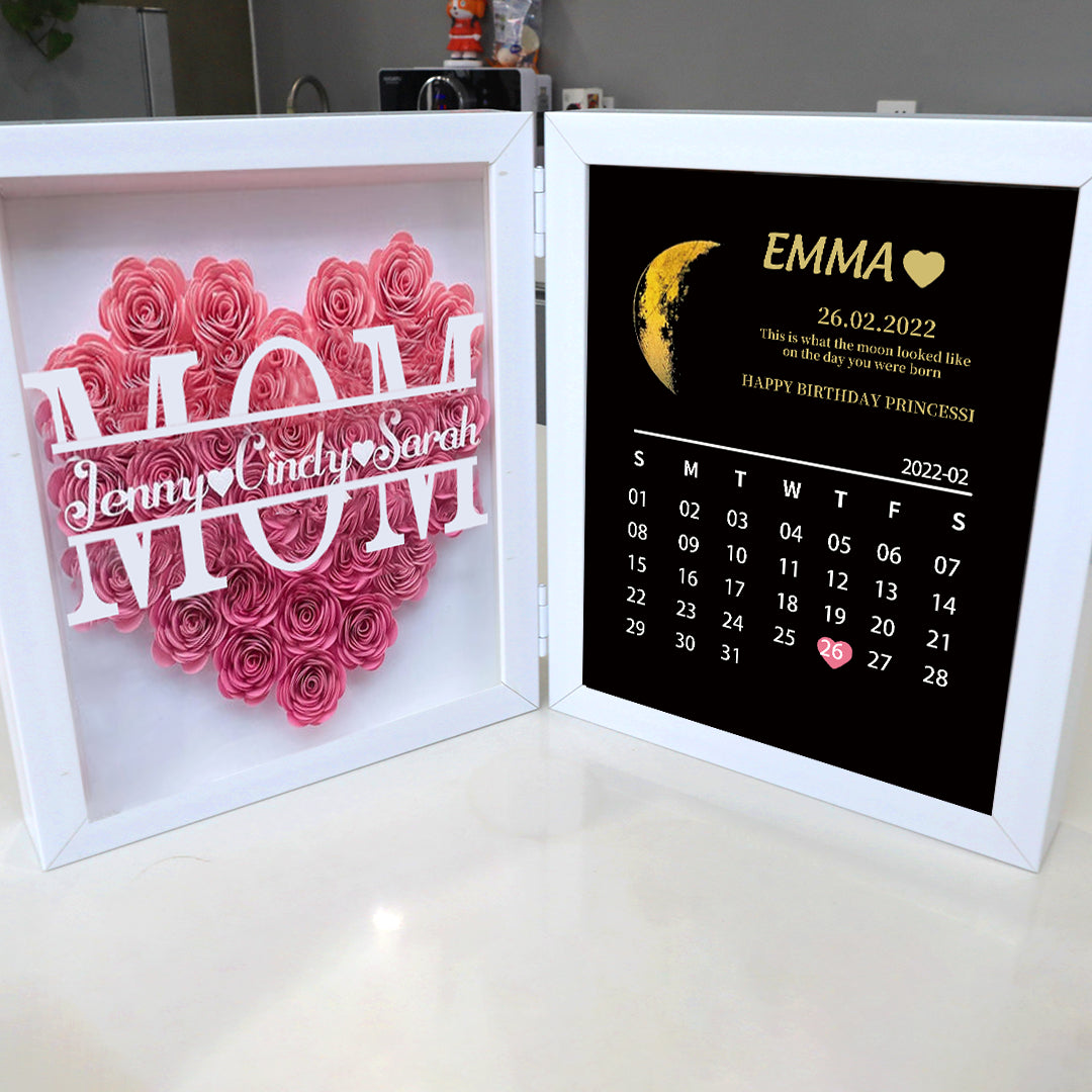 (Mom&Grandmom With Name) With REAL MOON PHASE Anniversary Calendar Custom flower frame-Creatgifts
