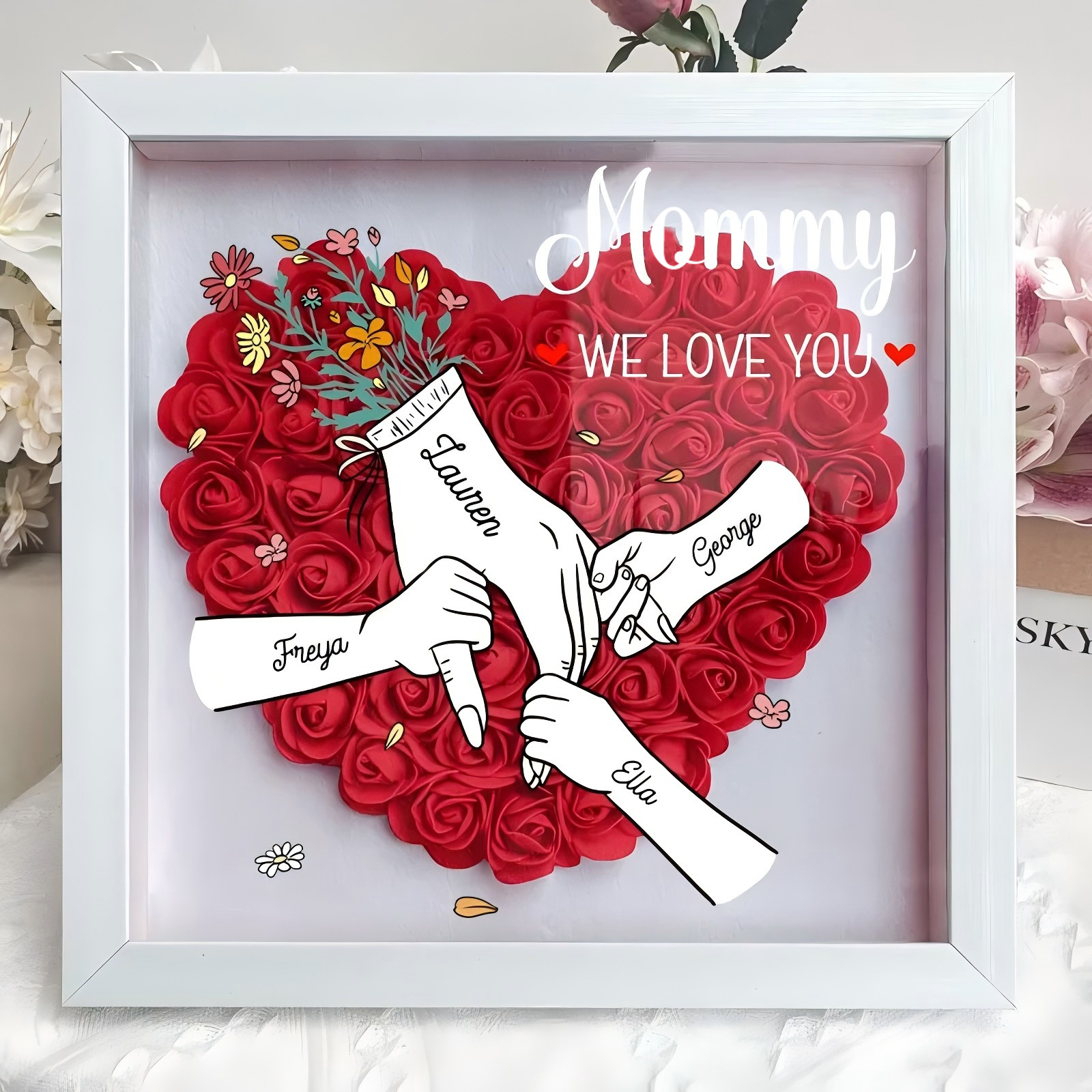We Love You Mummy White Hand Holding - Personalized Flower Shadow Box 