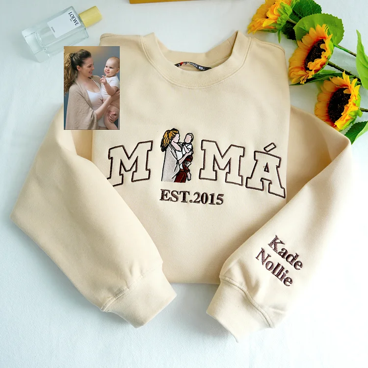 Mama, Mom T-shirt with Photo, Custom Embroidered Sweatshirt Mama and Kids Portrait.