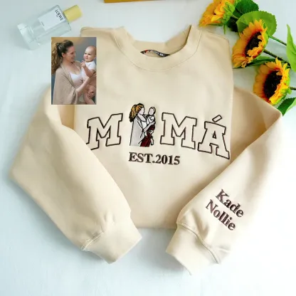 Mama, Mom T-shirt with Photo, Custom Embroidered Sweatshirt Mama and Kids Portrait.