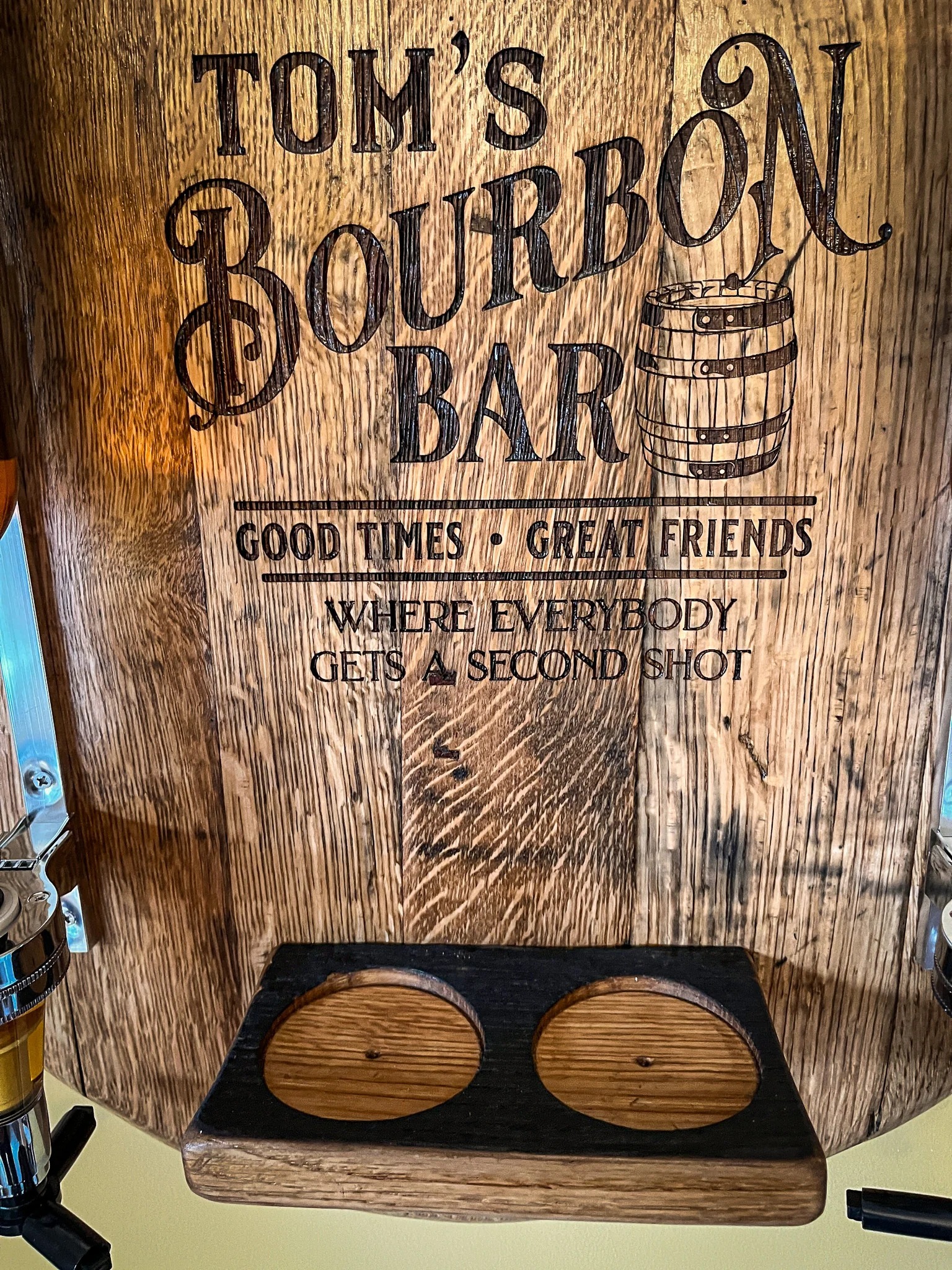Wall-Mounted Liquor Dispenser from Bourbon/Whiskey /lrish/rum Barrel Lid