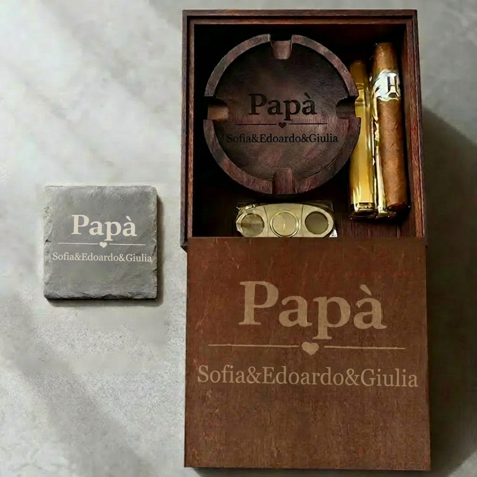 Custom Engraved Cigar Ashtray in Solid Walnut – Perfect Gift for Dad