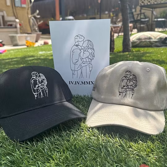 Custom Line Art Portrait Dad Hat with Roman Numeral Date Embroidery | Personalized Father's Day Gift