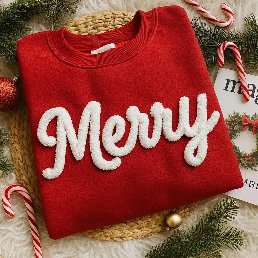 Custom Chenille Yarn Embroidered Merry Sweatshirt