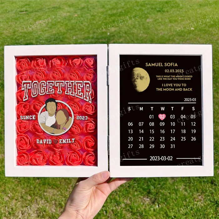 Custom Couple Portrait Flower Shadow Box With Moon Phase Calendar Frame
