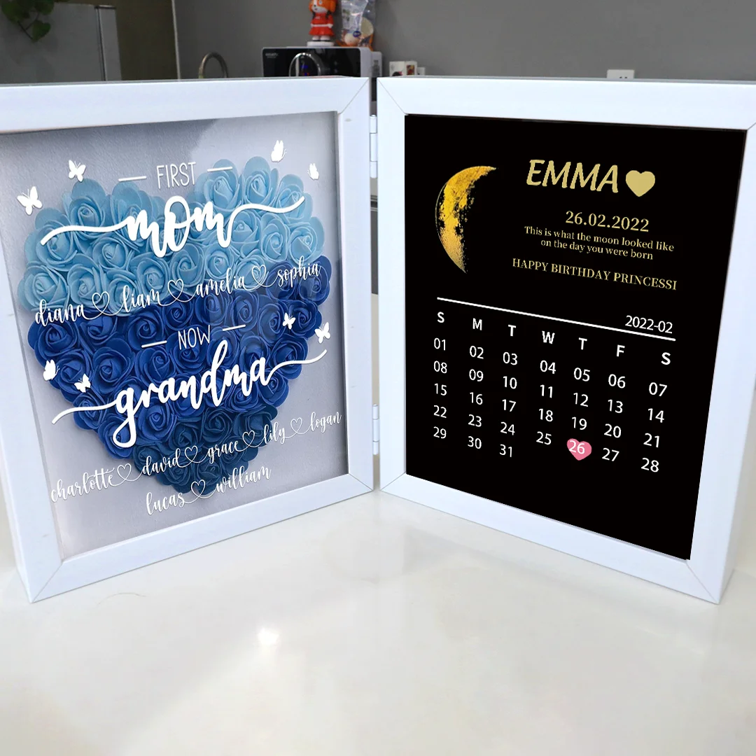 First Mum Now Grandma With REAL MOON PHASE Anniversary Calendar- Personalized Flower Shadow Box