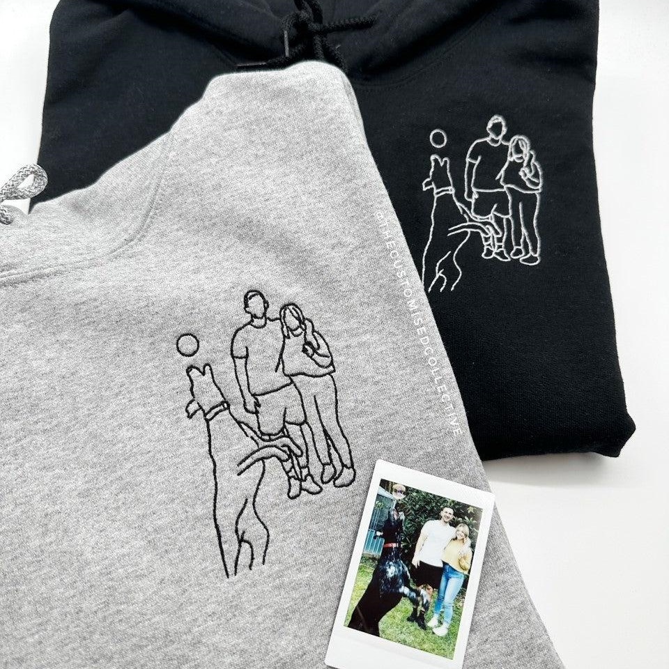 Custom Embroidered Hoodies for Couples – Matching Outline Portrait from Photo