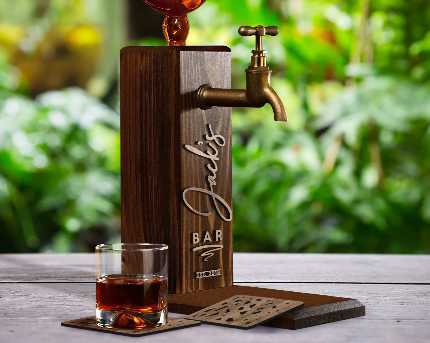 Personalized Embossed Named Wooden Whiskey Dispenser and Wood Coasters Set, Bar, Pub, Wine, Vodka, Liquor Dispenser, Wood Whiskey Fountain-Creatgifts