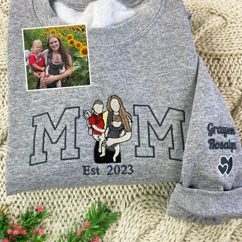 Embroidered Mum Sweatshirt with Photo, Mother's Day Gifts, Custom Embroidered Hoodie Mum and Kids Portrait Popular Now-Creatgifts