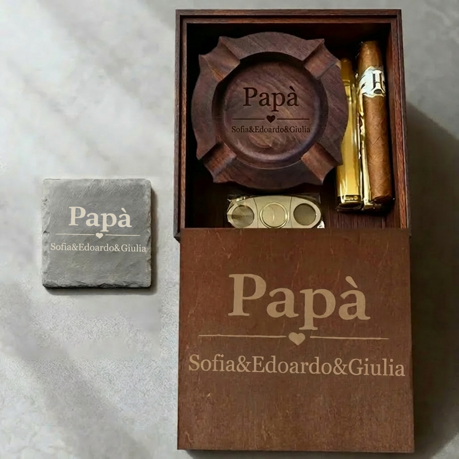 Custom Engraved Cigar Ashtray in Solid Walnut – Perfect Gift for Dad