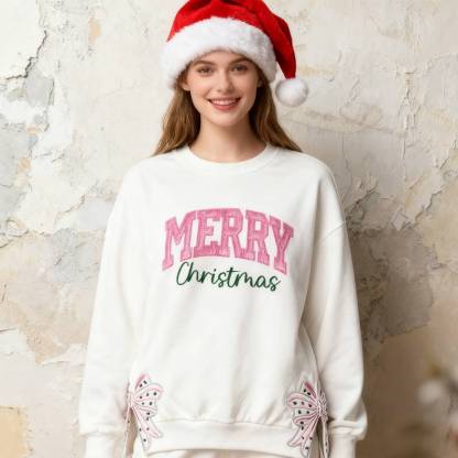 Custom Merry Christmas Glitter Sweatshirt with Bow, Holiday Outfit for Women