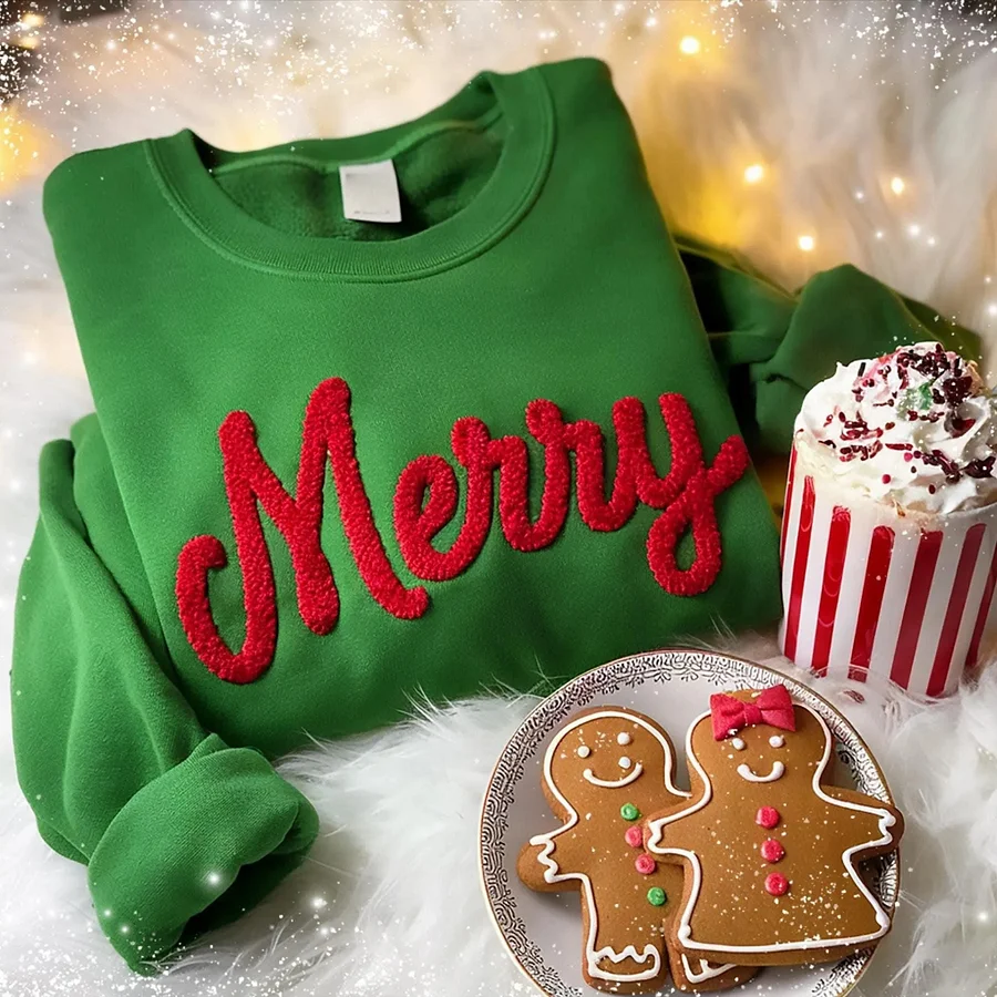 Custom Chenille Yarn Embroidered Merry Sweatshirt