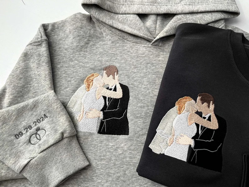 Custom Embroidered Portrait Sweatshirt - Couple & Family Hoodie Anniversary Gift