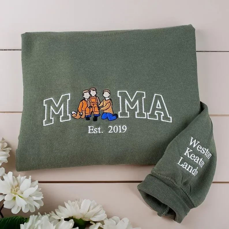 Embroidered Mum Sweatshirt with Photo, Mother's Day Gifts, Custom Embroidered Hoodie Mum and Kids Portrait Popular Now-Creatgifts