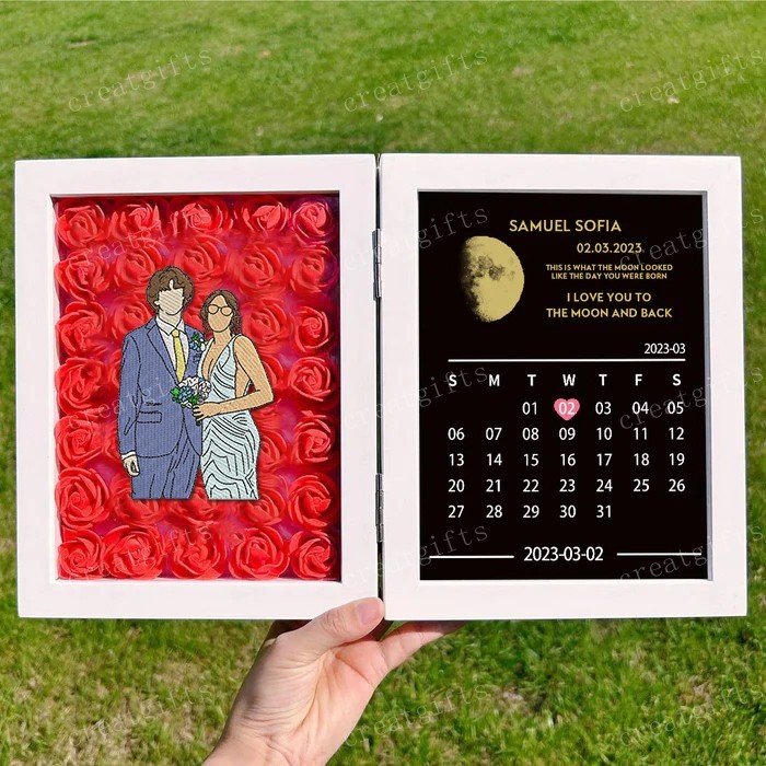 Custom Couple Portrait Flower Shadow Box With Moon Phase Calendar Frame