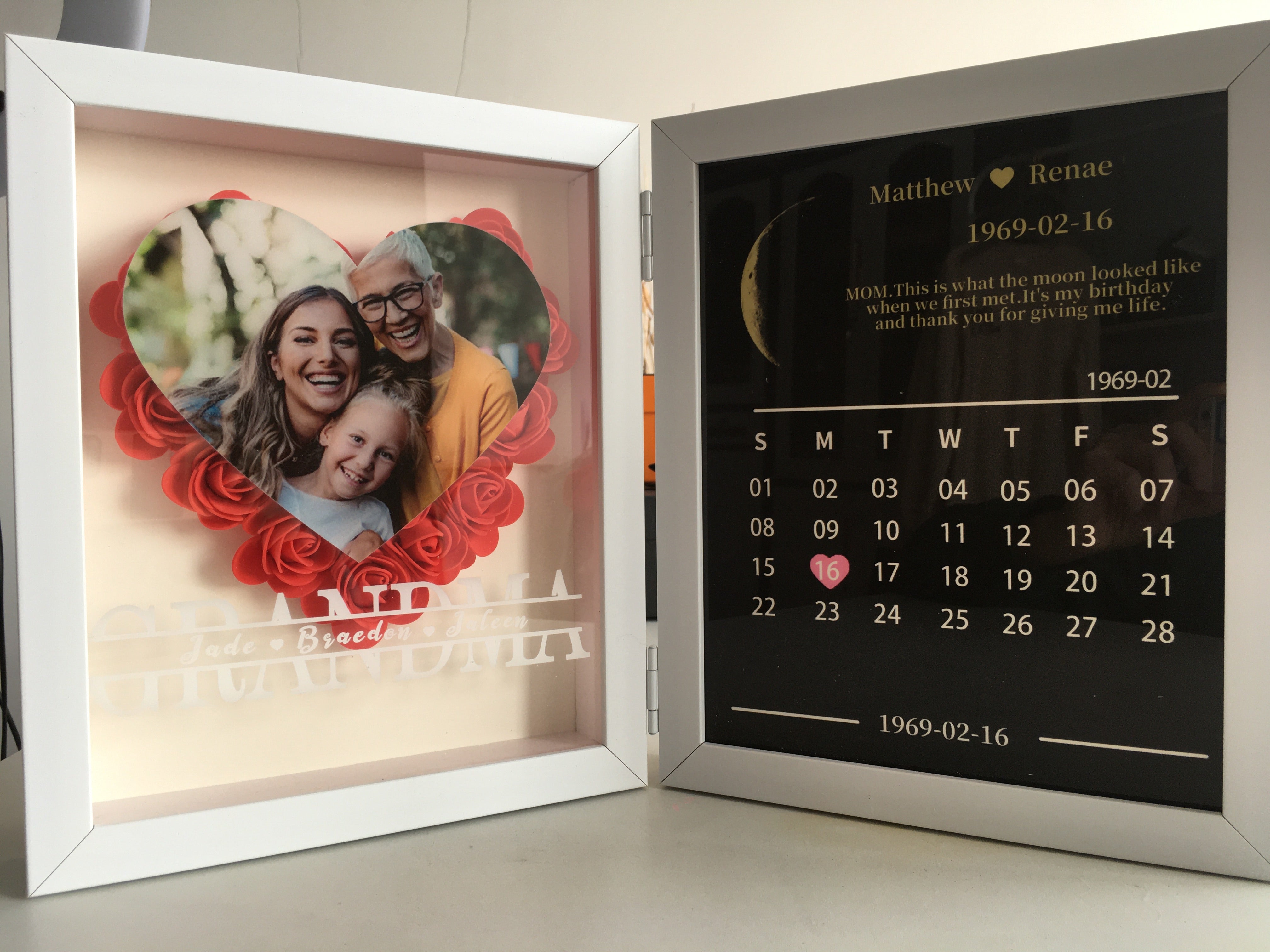 (Grandma Photo With Name) Custom flower frame with REAL MOON PHASE Anniversary Calendar