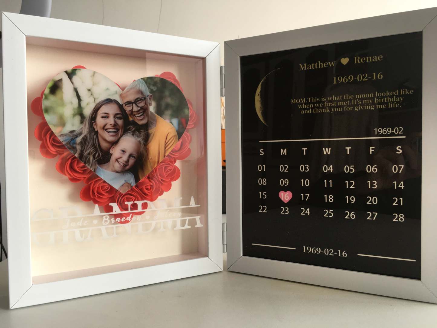 (Grandma Photo With Name) Custom flower frame with REAL MOON PHASE Anniversary Calendar