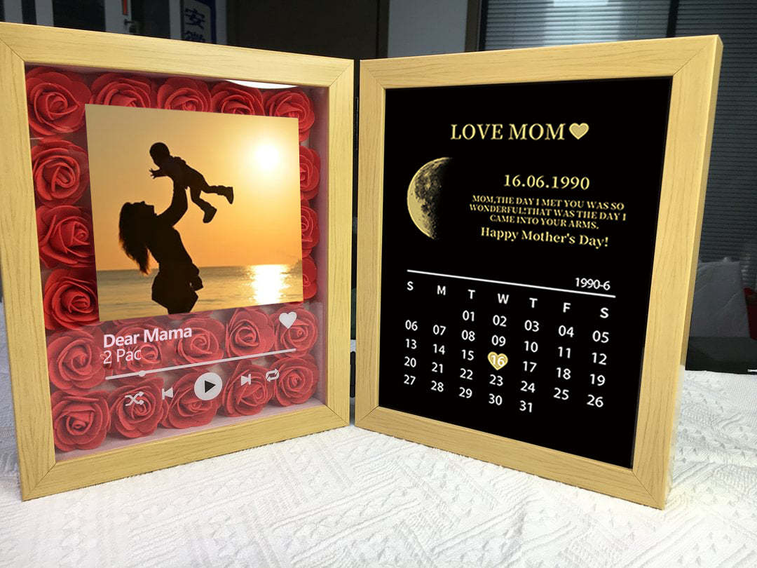 (Square With Song) Custom Flowers Frame for Mom Grandma with REAL MOON PHASE Anniversary Calendar