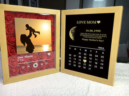 (Square With Song) Custom Flowers Frame for Mom Grandma with REAL MOON PHASE Anniversary Calendar
