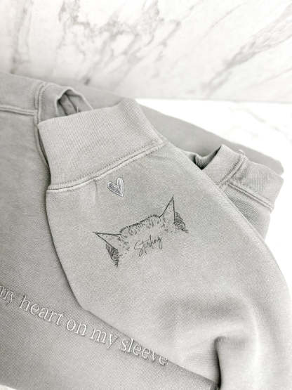 🔥Hot Sale🔥Personalized Heart On My Sleeve Embroidered Crewneck With Dog Cat Ears Any Pet Ears Gift For Pet Lover-Creatgifts