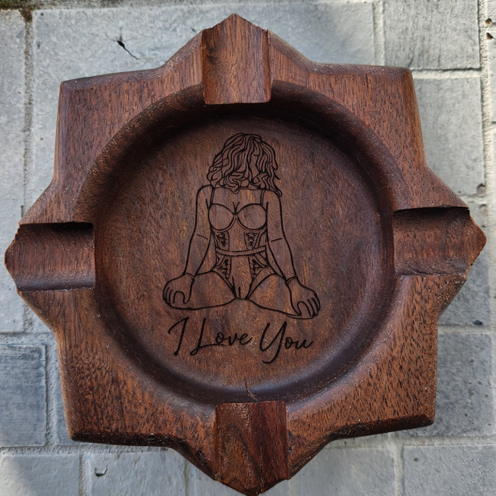 Custom Engraved Cigar Ashtray in Solid Walnut With Sexy Portrait – Perfect Gift for Him 🔥
