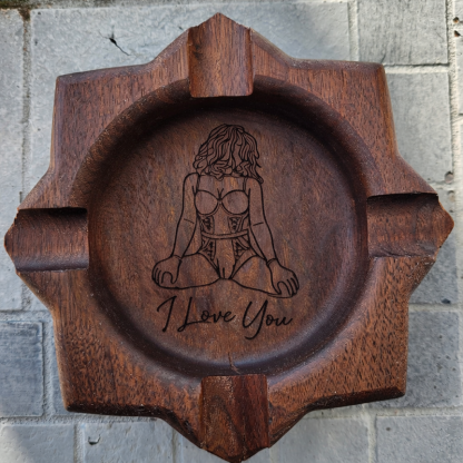 Custom Engraved Cigar Ashtray in Solid Walnut With Sexy Portrait – Perfect Gift for Him 🔥