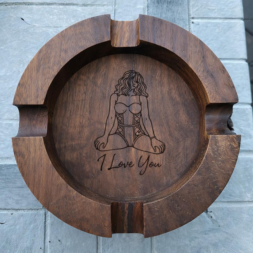 Custom Engraved Cigar Ashtray in Solid Walnut With Sexy Portrait – Perfect Gift for Him 🔥
