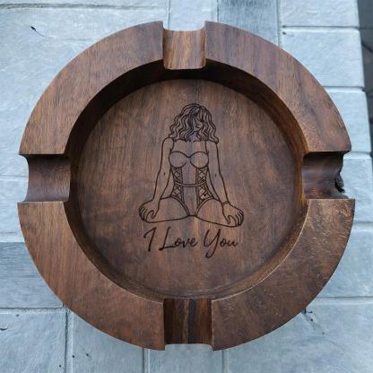 Custom Engraved Cigar Ashtray in Solid Walnut With Sexy Portrait – Perfect Gift for Him 🔥