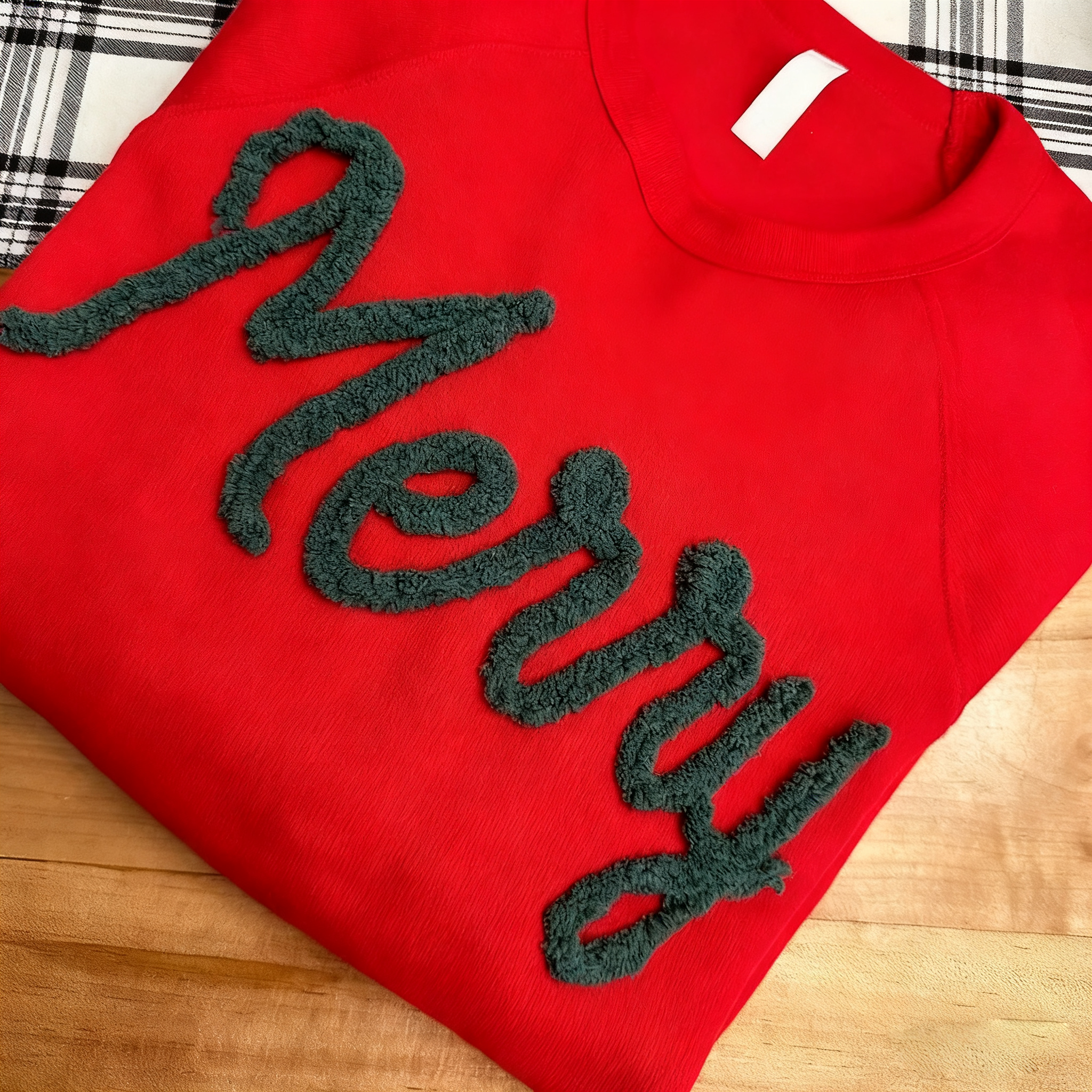 Custom Chenille Yarn Embroidered Merry Sweatshirt