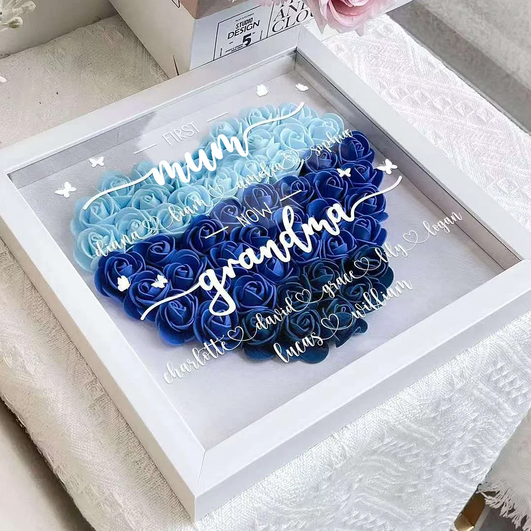 Personalized First Mom Now Grandma Flower Shadow Box, Shadowbox Heart Mom Frame Gift