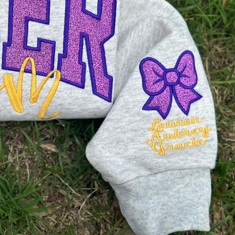 Embroidered Glitter Cheer Mom Sweatshirt With Kids Names On The Sleeve