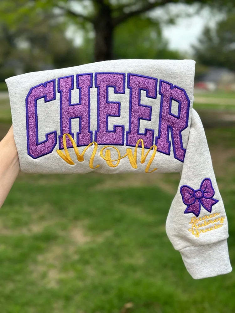 Embroidered Glitter Cheer Mom Sweatshirt With Kids Names On The Sleeve