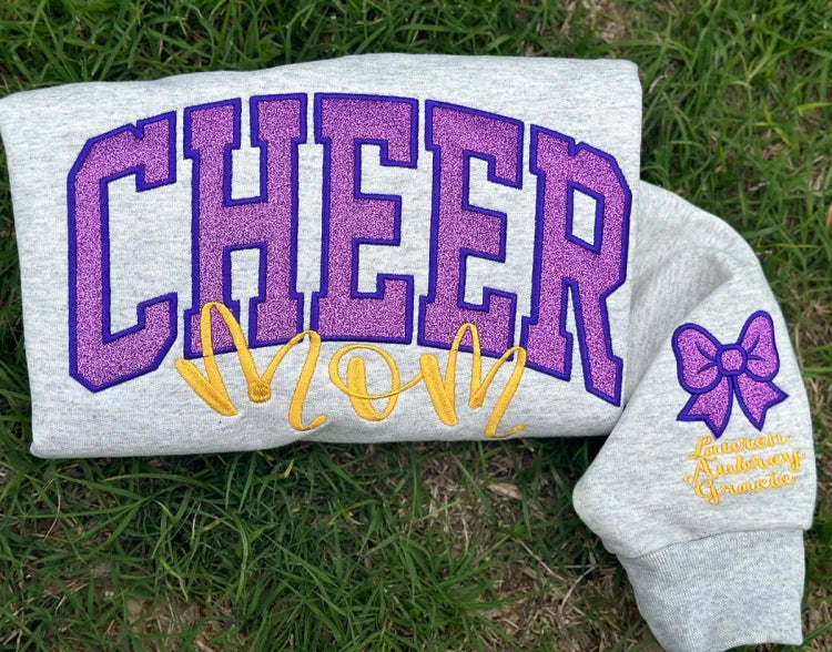 Embroidered Glitter Cheer Mom Sweatshirt With Kids Names On The Sleeve