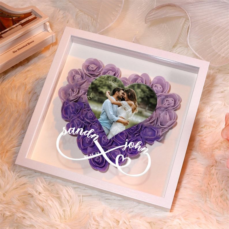 Personalized Roses Flower Shadow Box With Couple Photo For Wedding Anniversary Valentine's Day