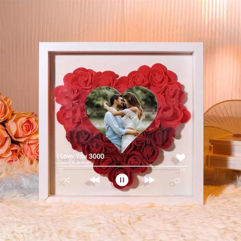 Personalized Roses Flower Shadow Box With Couple Photo For Wedding Anniversary Valentine's Day